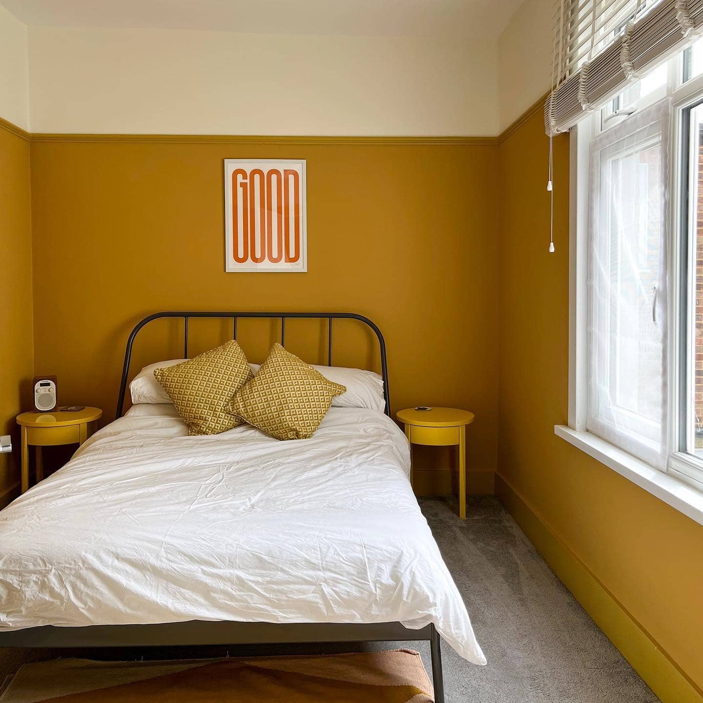 17. Two-Tone Bedroom in Mustard and Cream - yellow bedroom ideas