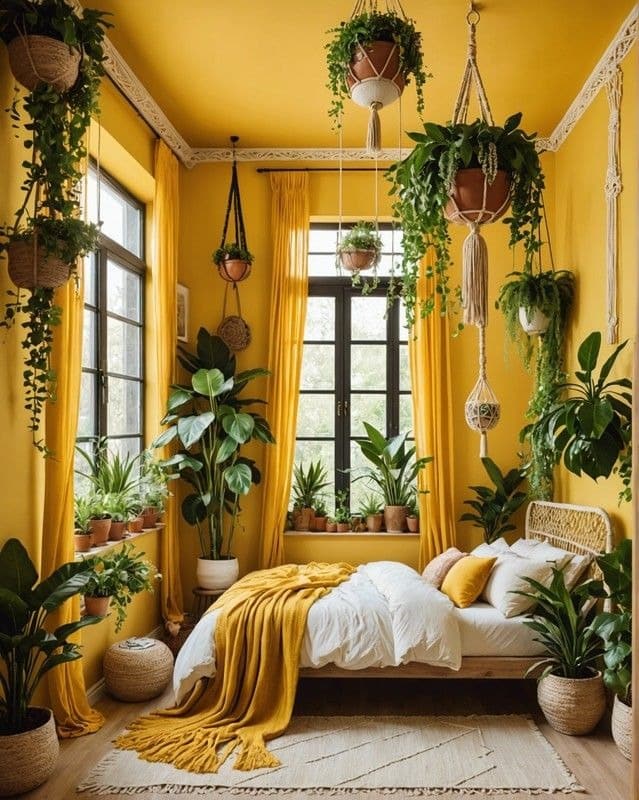 21. Botanical Retreat Bedroom in Vibrant Sunflower Yellow - yellow bedroom ideas