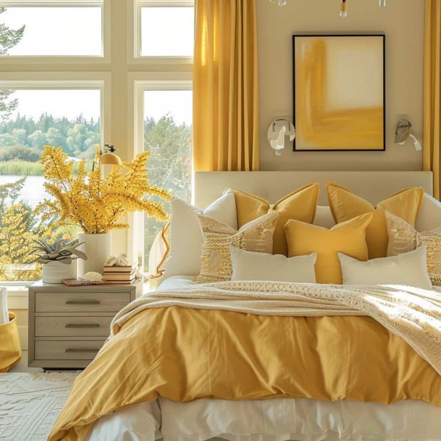 22. Layered Luxury Bedroom in Golden Ochre and Cream - yellow bedroom ideas