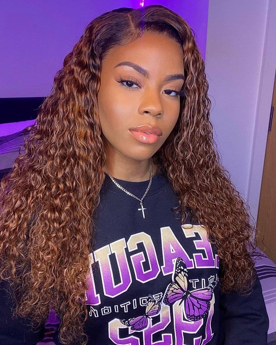 13. Honey Brown Long Curly Bob with Defined Part - Curly Bob Hairstyles