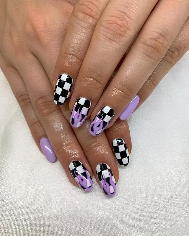 2. Lilac Flame & Checkerboard Combo - checkers nail ideas
