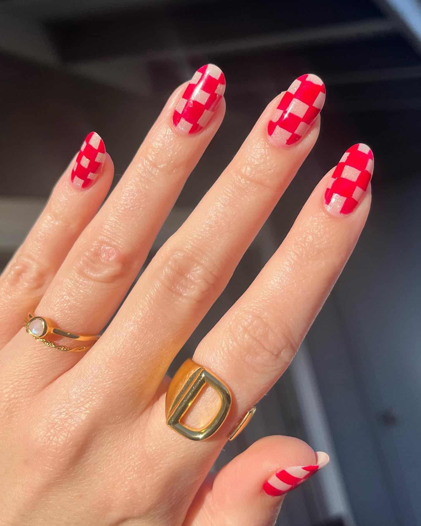 3. Cherry Red Micro Checkered Nails - checkers nail ideas