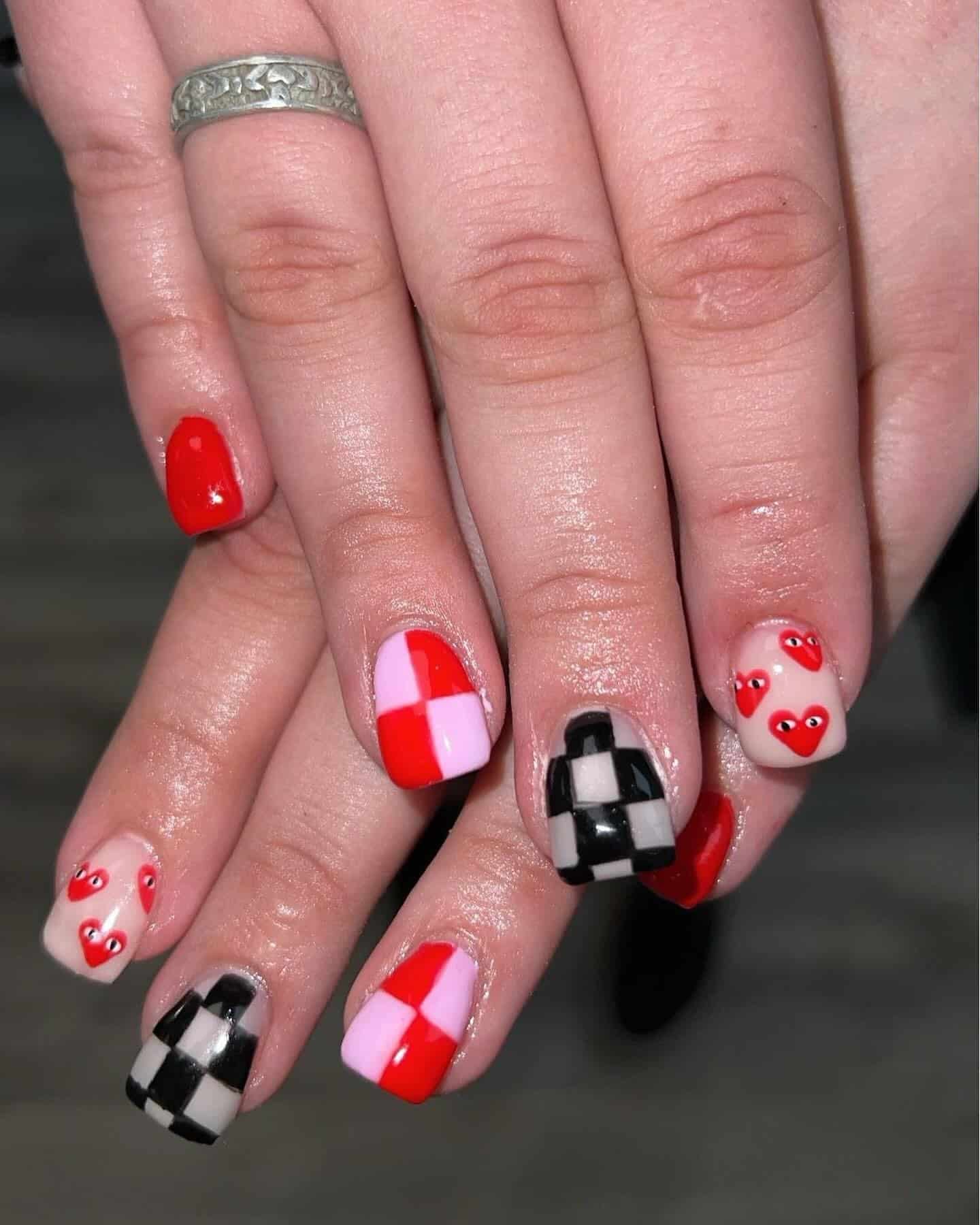 5. Red, Pink & Checker Accent Mix - checkers nail ideas