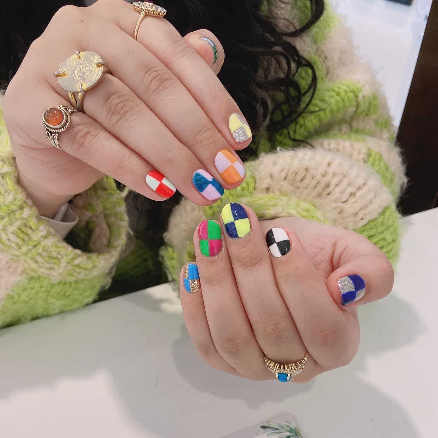 9. Multicolor Retro Checker Patchwork - checkers nail ideas