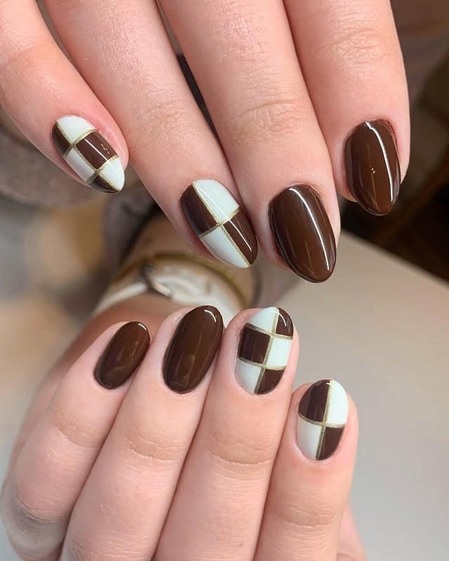 11. Chocolate Brown & Cream Checker Almond - checkers nail ideas