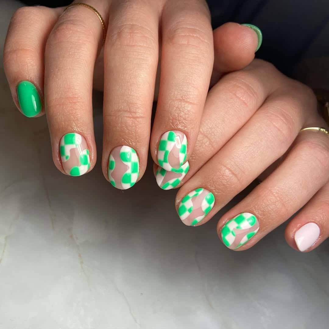 14. Bright Green Abstract Checker Short Set - checkers nail ideas