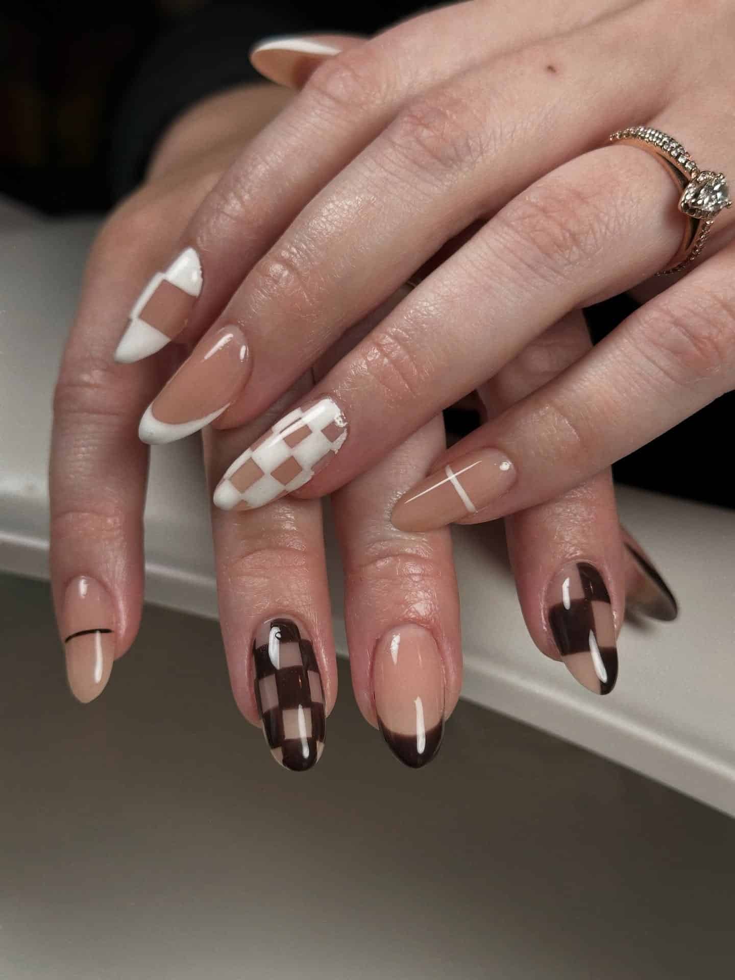15. Mocha, Nude & White Mixed Checker Almond - checkers nail ideas