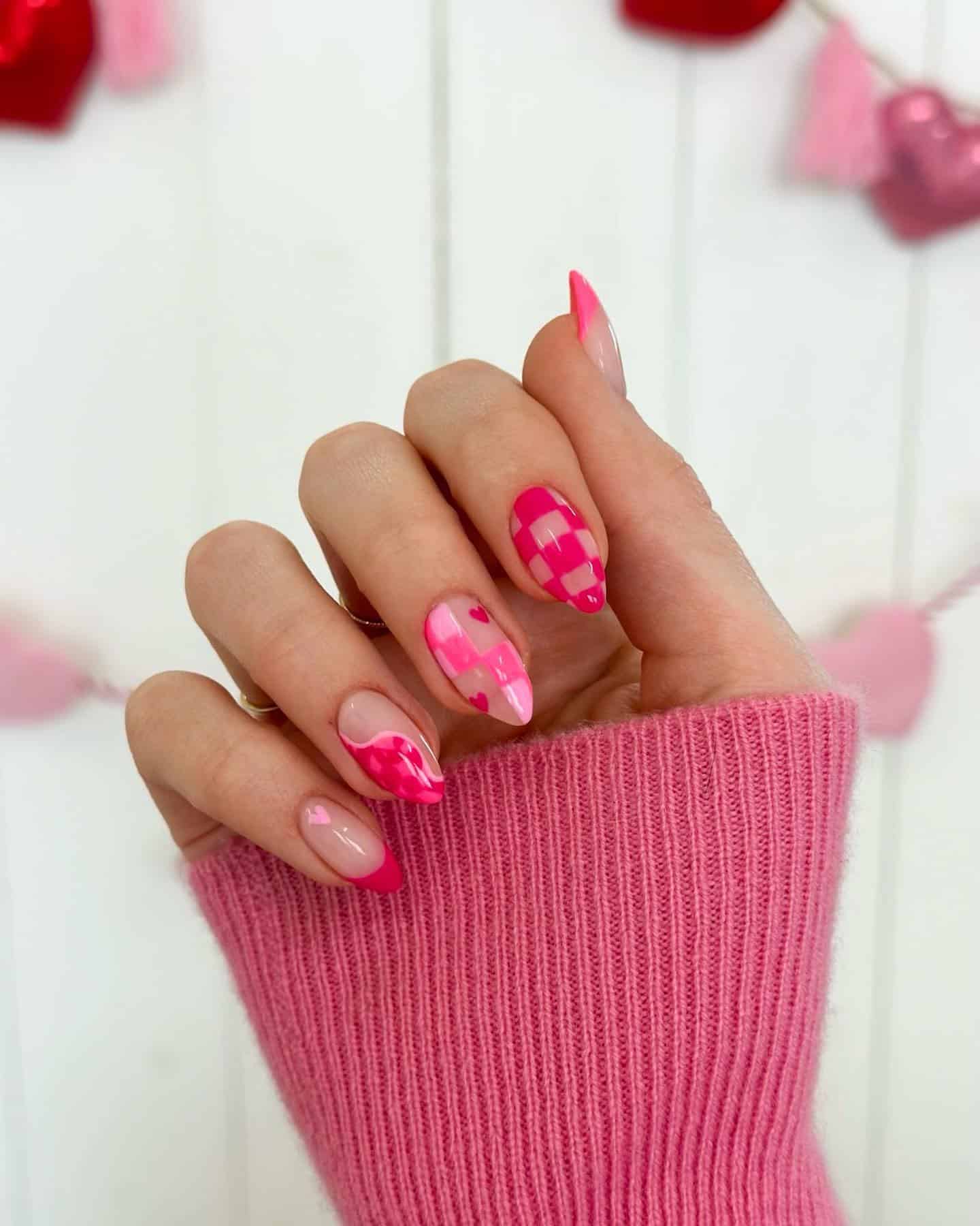 21. Pink Ombre Checker & Heart Almond - checkers nail ideas