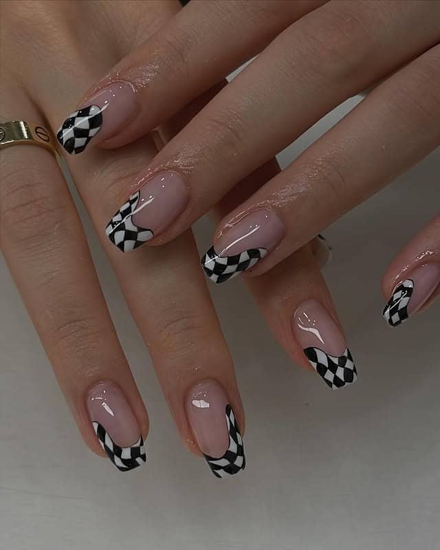 22. Black & Nude Checker French Tips - checkers nail ideas