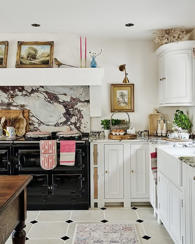 2. Classic Cream Kitchen with Marble Feature Wall - vintage kitchen ideas