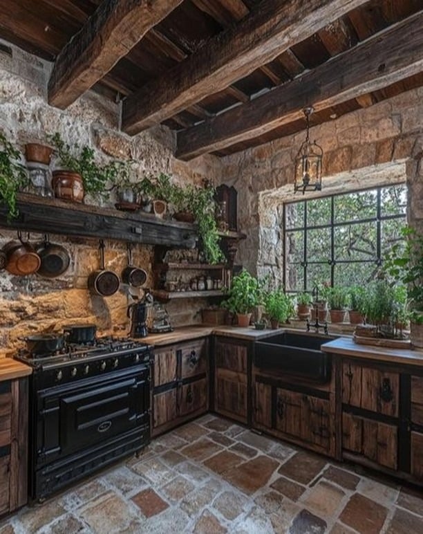 3. Rustic Stone Cottage Kitchen in Earthy Browns - vintage kitchen ideas