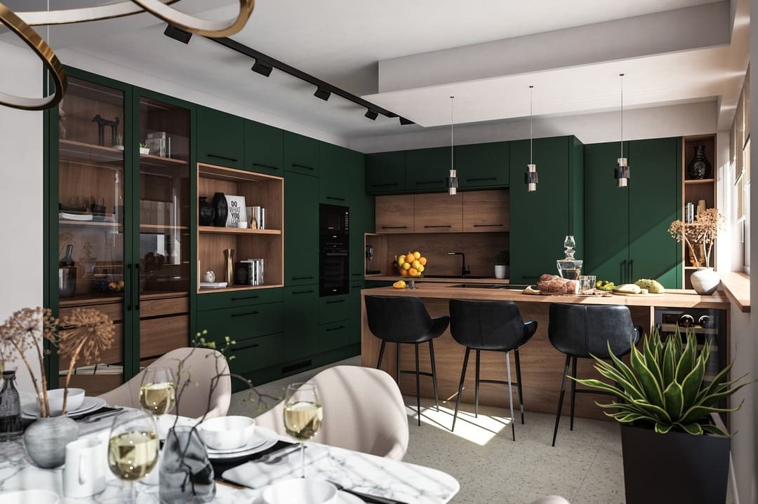 5. Mid-Century Forest Green Kitchen with Walnut Accents - vintage kitchen ideas