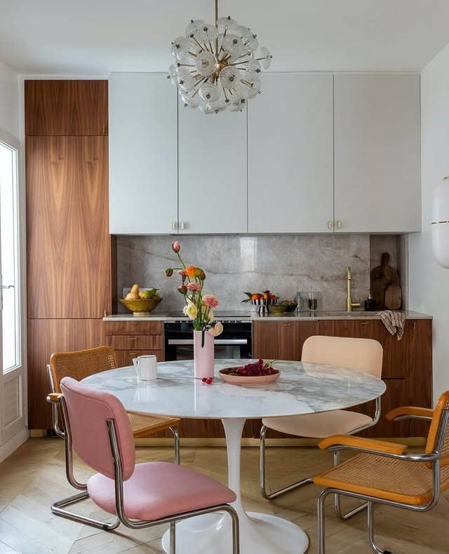 12. Mid-Century Walnut and Blush Dining Kitchen - vintage kitchen ideas