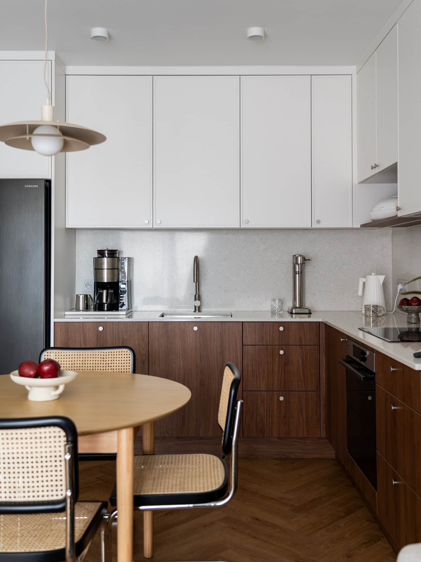 13. Minimal Vintage Kitchen in White and Dark Walnut - vintage kitchen ideas