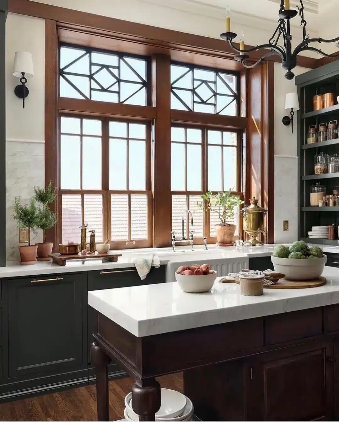 15. Heritage Green and Mahogany Kitchen with Marble Island - vintage kitchen ideas