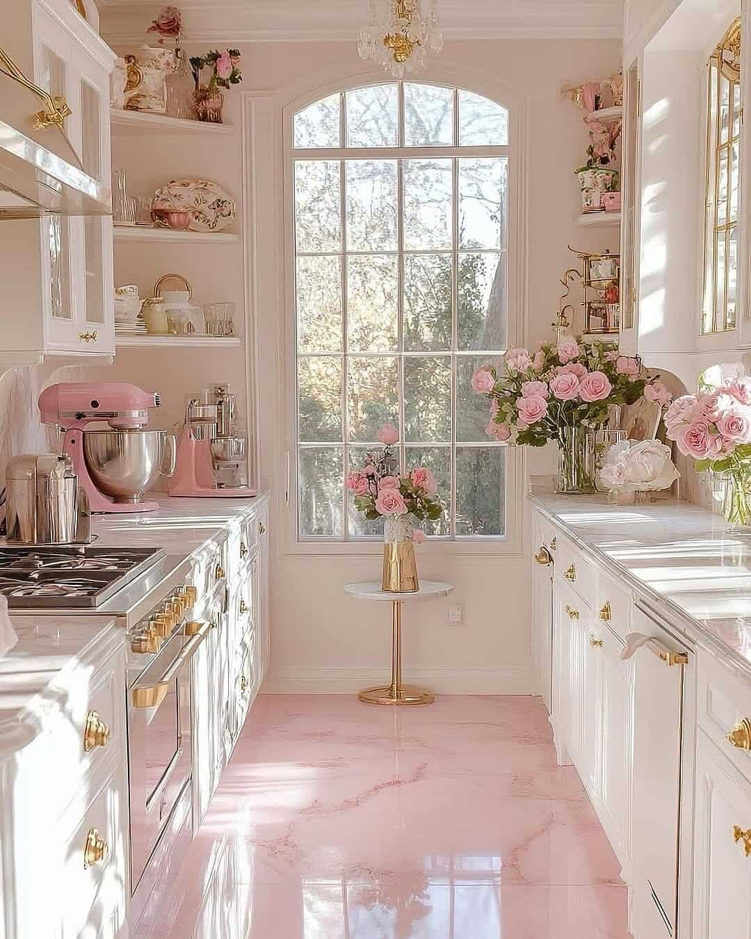 20. Romantic Vintage Kitchen in Blush Pink and White - vintage kitchen ideas