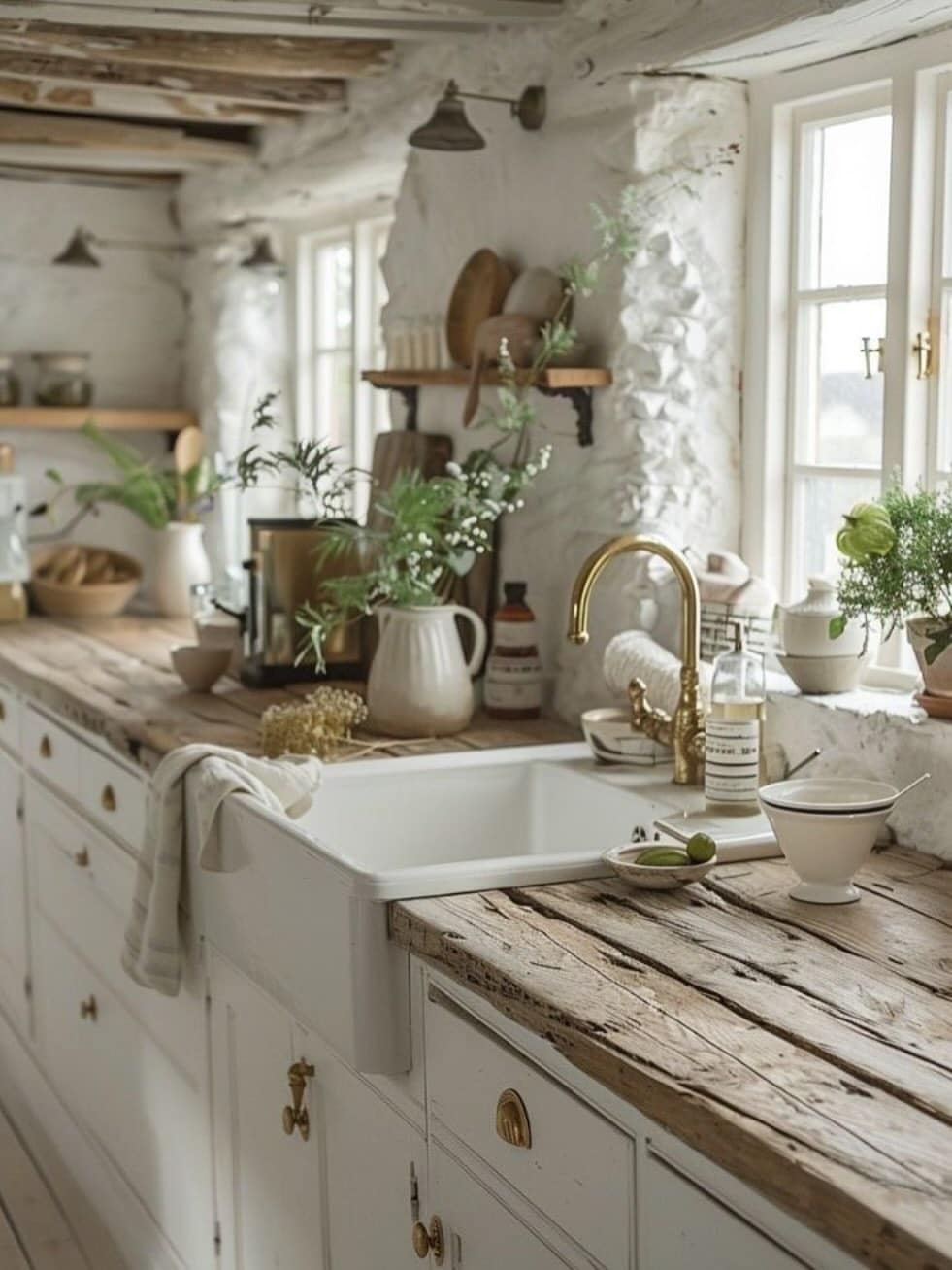 22. Rustic Farmhouse Kitchen in White and Weathered Wood - vintage kitchen ideas
