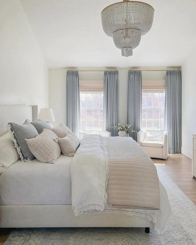 3. Tailored Off-White Bedroom with Blue-Gray Accents - off white bedroom ideas