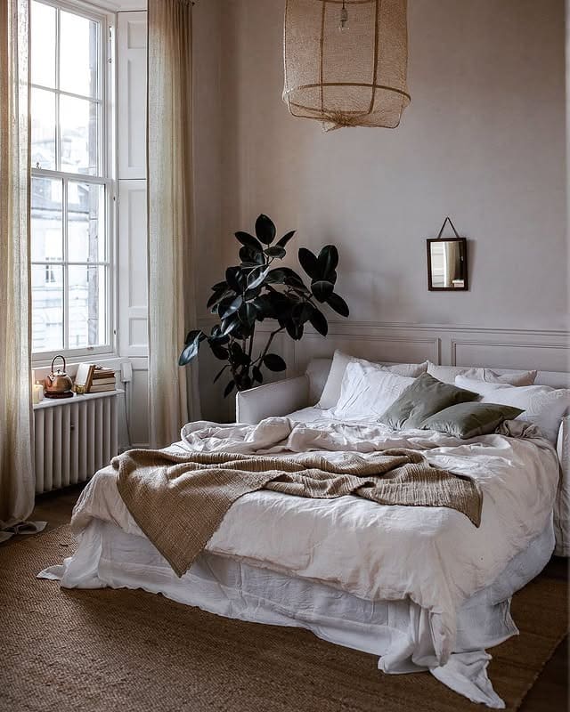 7. European-Inspired Off-White Bedroom with Natural Fiber Rug - off white bedroom ideas