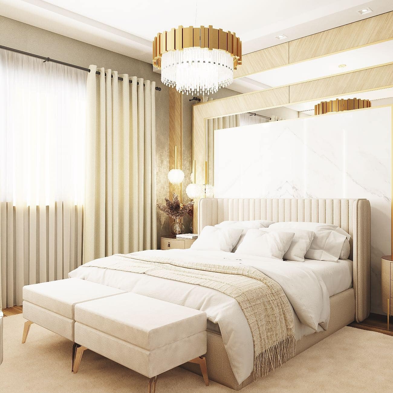 11. Glam Off-White Bedroom with Gold and Crystal Accents - off white bedroom ideas