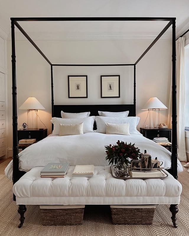 13. Classic Off-White Bedroom with Black Canopy Contrast - off white bedroom ideas