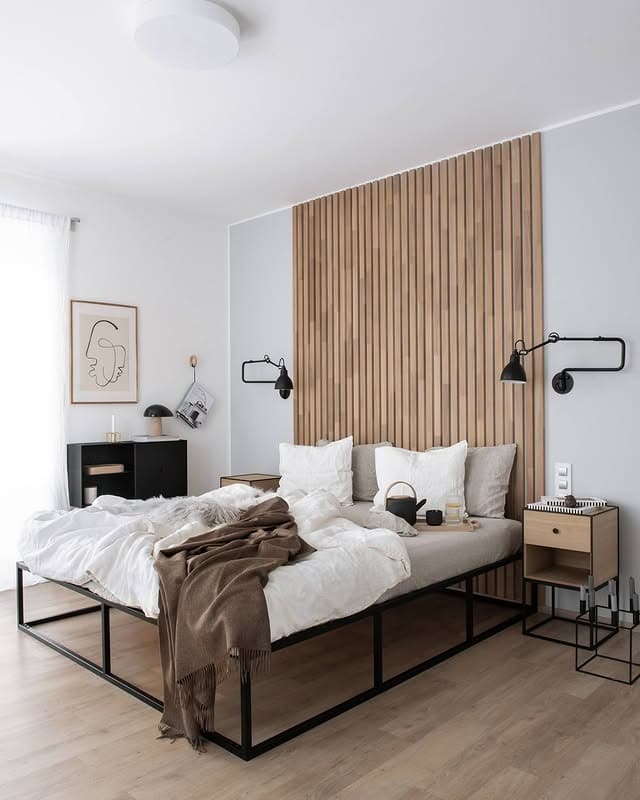 14. Modern Off-White Bedroom with Wood Slat Feature Wall - off white bedroom ideas