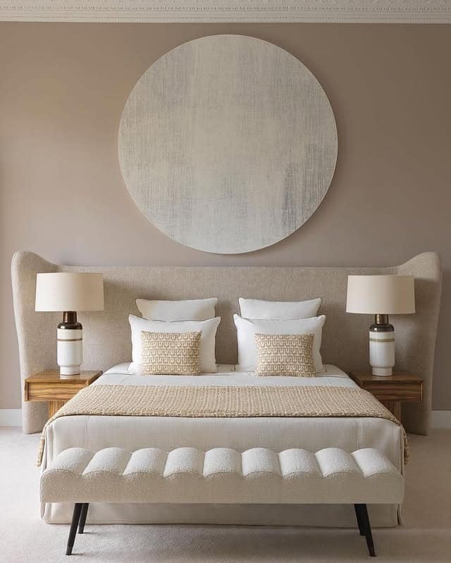16. Contemporary Taupe and Off-White Bedroom with Statement Wall Art - off white bedroom ideas