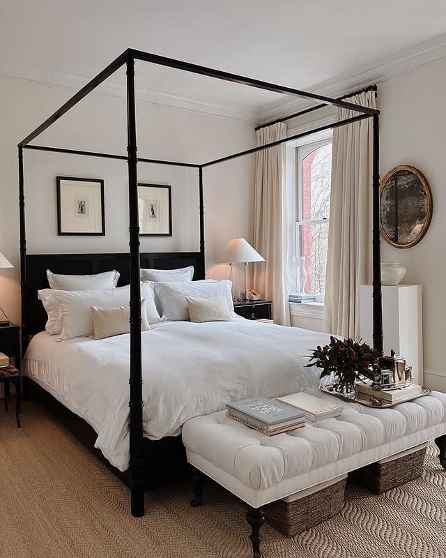 18. Traditional Off-White Bedroom with Elegant Canopy Frame - off white bedroom ideas