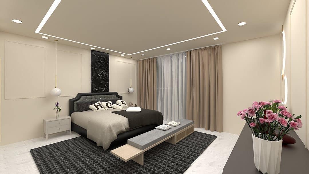 21. Contemporary Off-White Bedroom with Black and Taupe Contrast - off white bedroom ideas