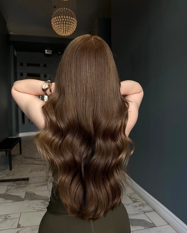 6. Glossy Espresso Light Ash Brown Waves - Light Ash Brown Hair Color