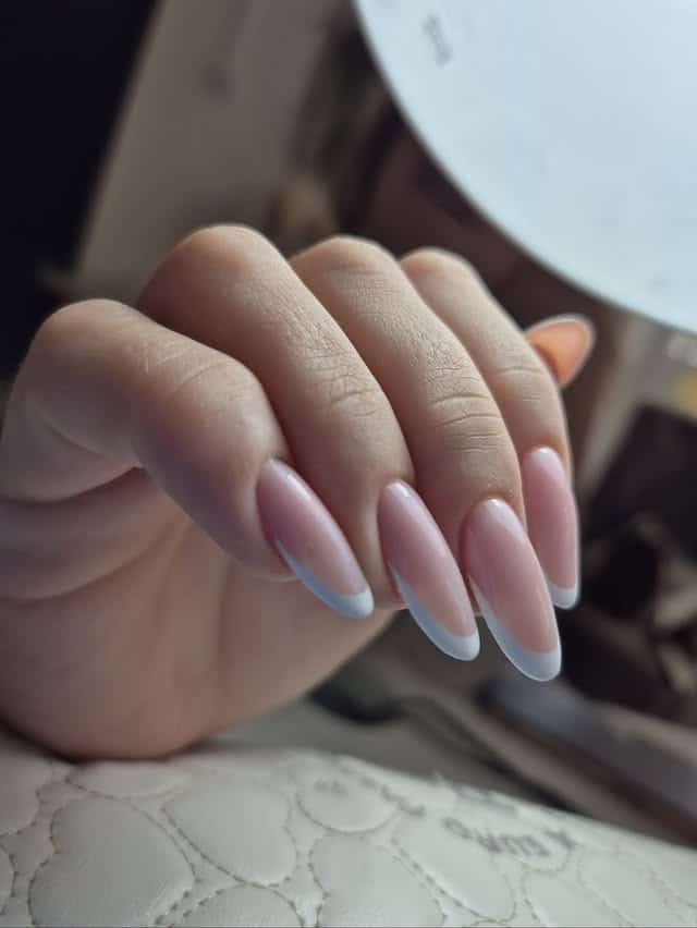 15. Baby Pink Almond with Icy Blue Micro French - classy almond nail ideas