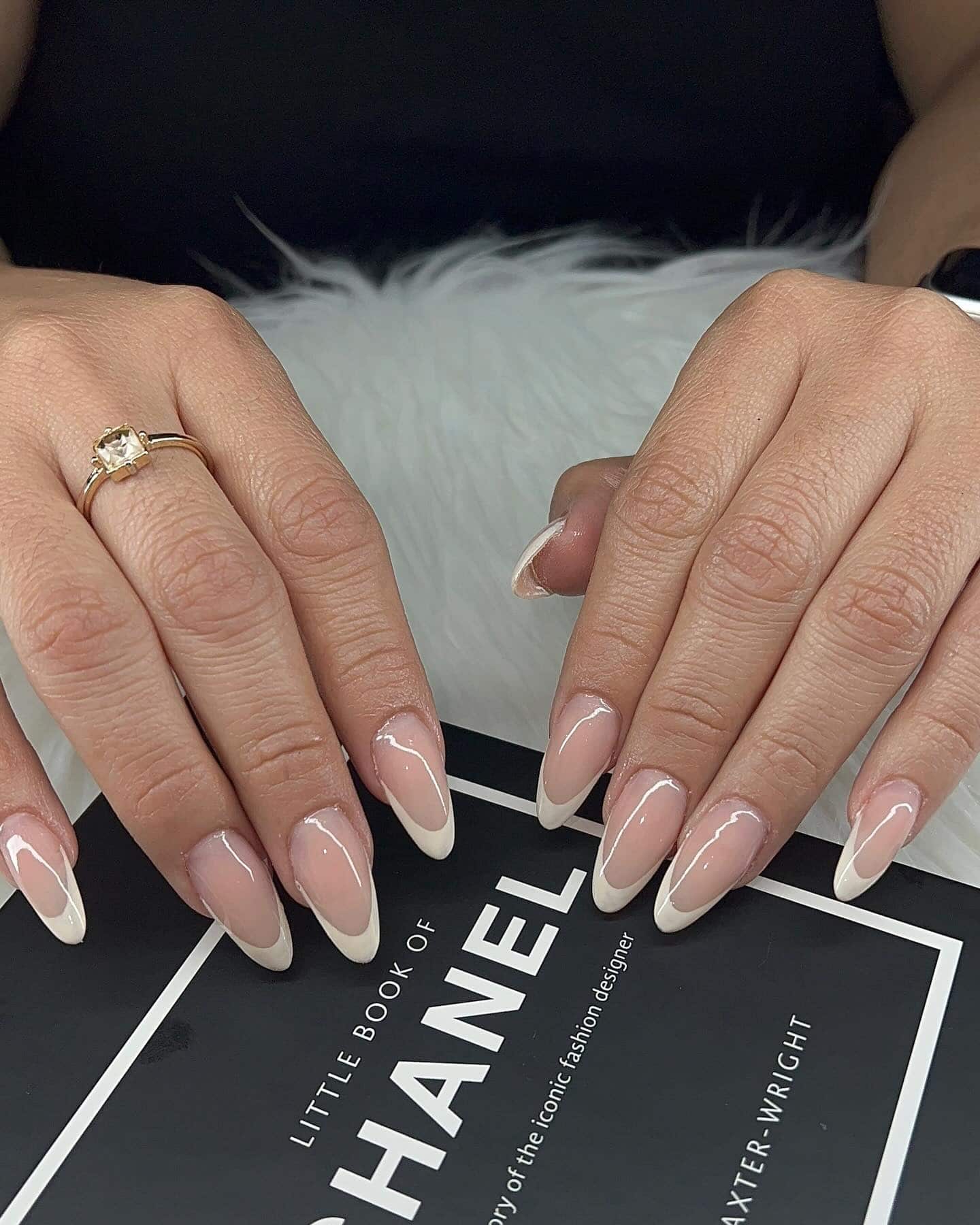 16. Soft Beige Almond French on Gloss Finish - classy almond nail ideas