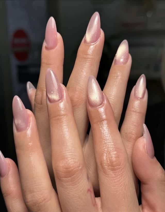 20. Shimmering Pink Chrome Almond Nails - classy almond nail ideas