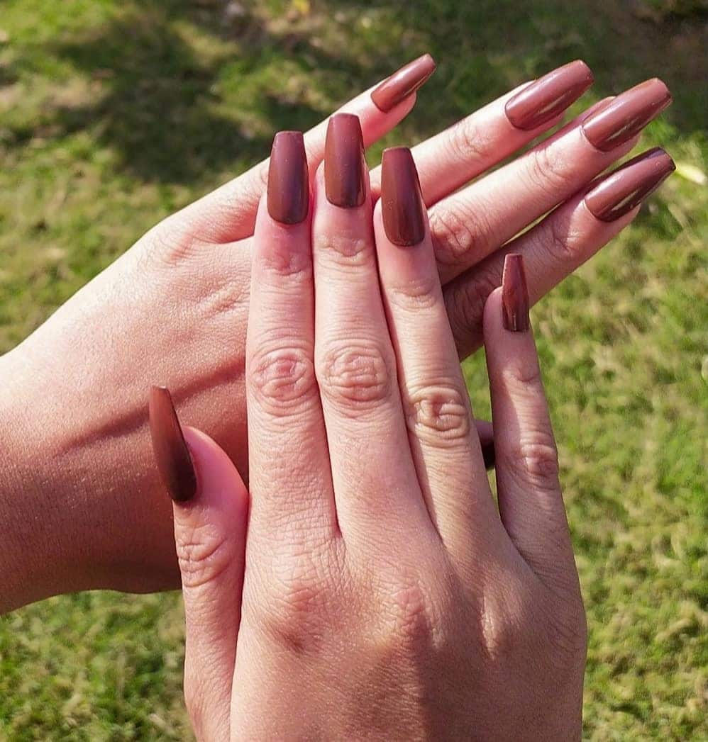 1. Glossy Mocha Coffin Nails - coffee color nail ideas