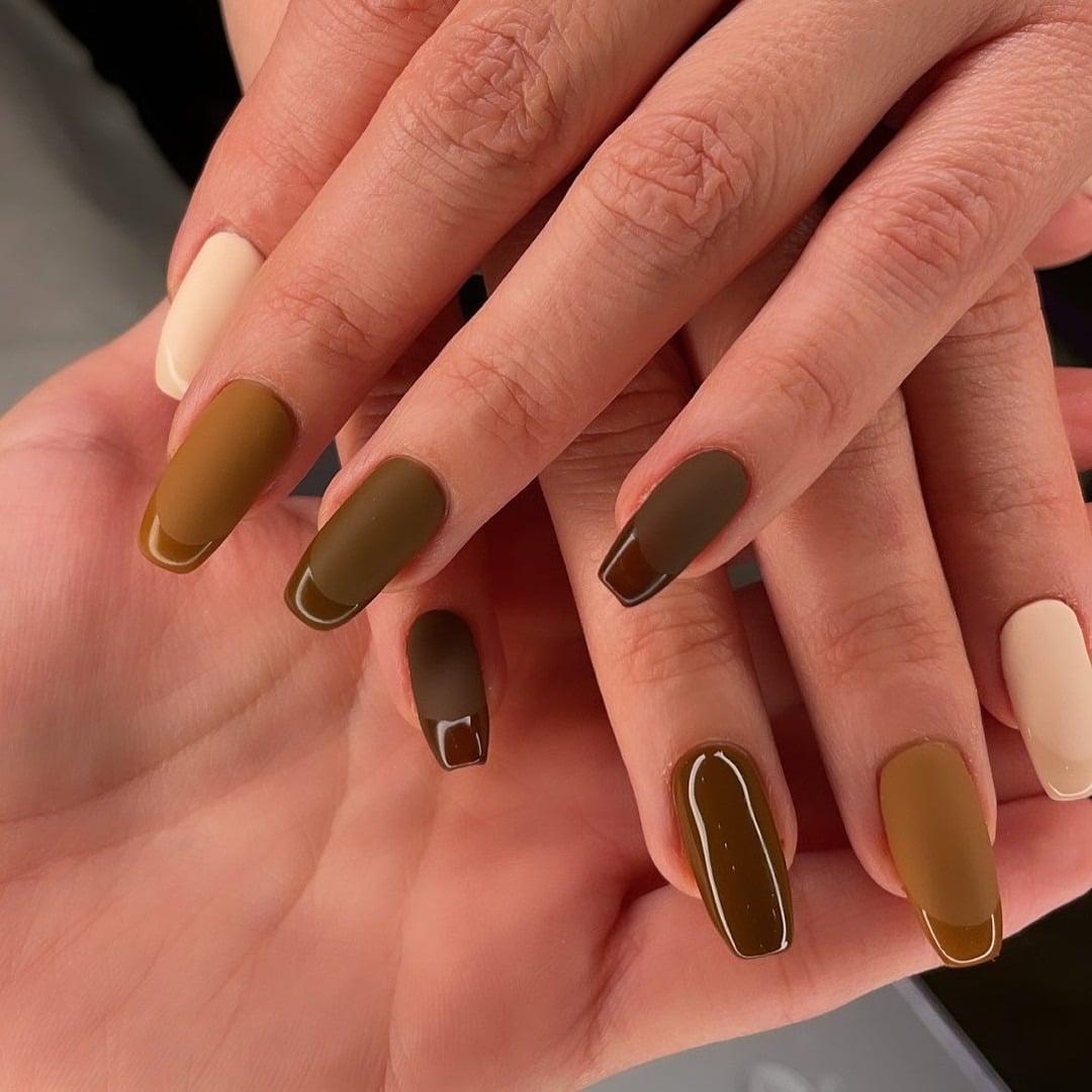 3. Matte Olive Latte Mix & Match Nails - coffee color nail ideas
