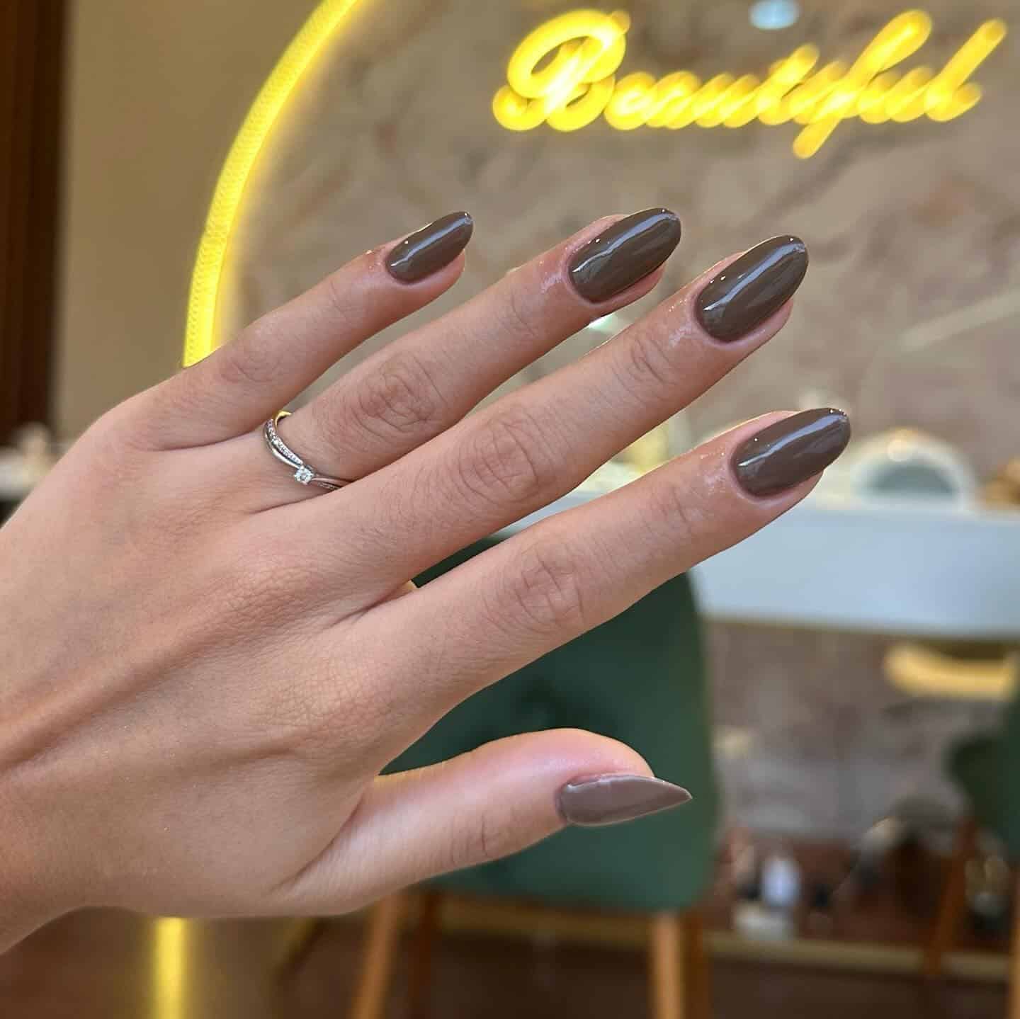 13. Smoky Espresso Almond Nails - coffee color nail ideas