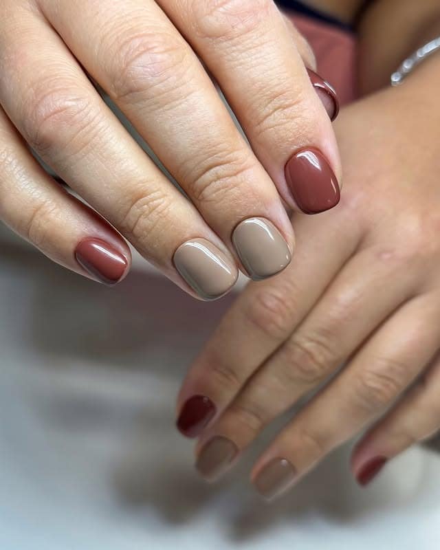 15. Caramel & Taupe Coffee Color Block Nails - coffee color nail ideas