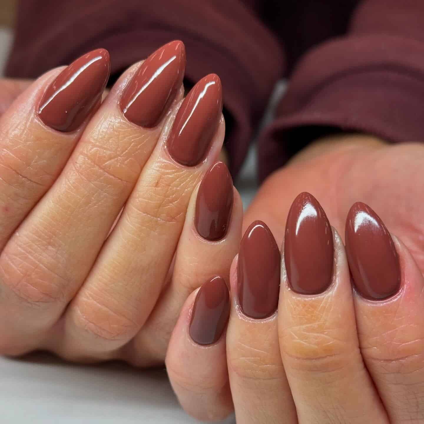 16. Cinnamon Mocha Almond Nails - coffee color nail ideas