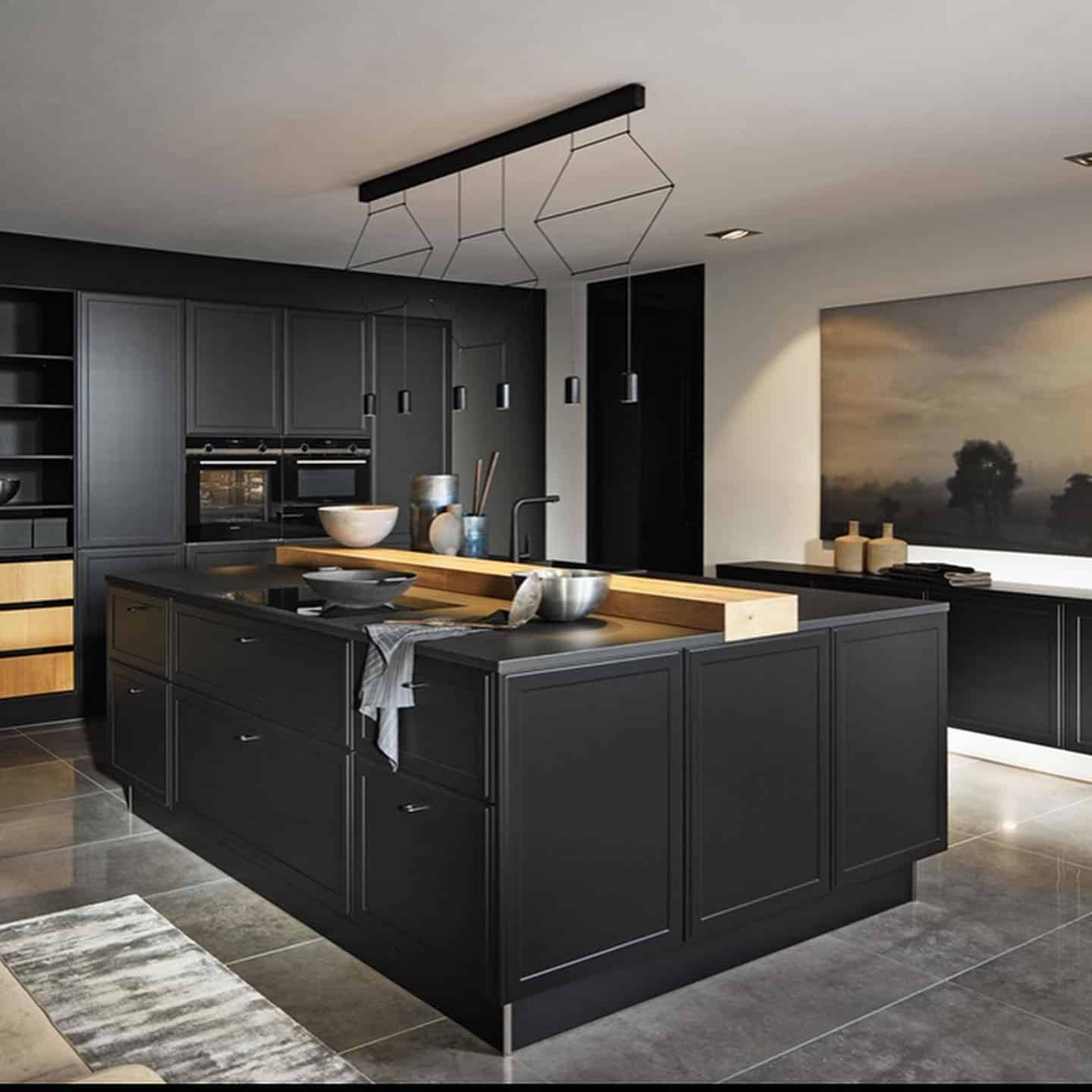 1. Matte Black Shaker Kitchen with Warm Wood Accents - black kitchen cabinets ideas