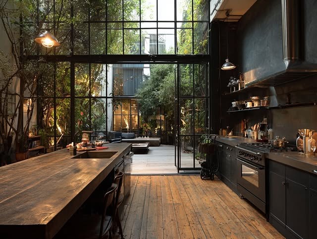 2. Industrial Black Kitchen with Steel-Framed Glass and Timber Floors - black kitchen cabinets ideas