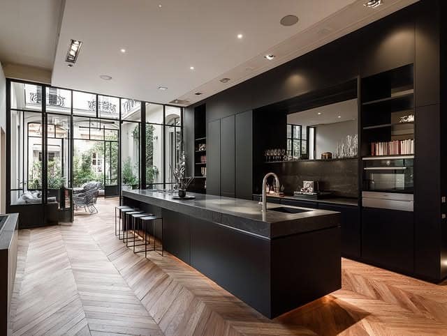 5. Modern Black Slab Kitchen with Herringbone Wood Flooring - black kitchen cabinets ideas