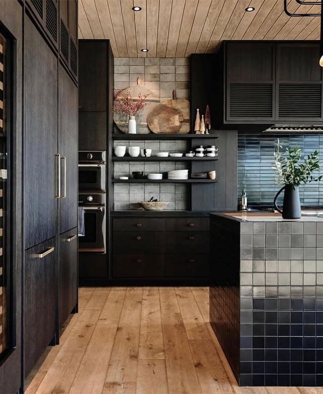 9. Rustic Black Kitchen with Textured Tile and Open Shelving - black kitchen cabinets ideas