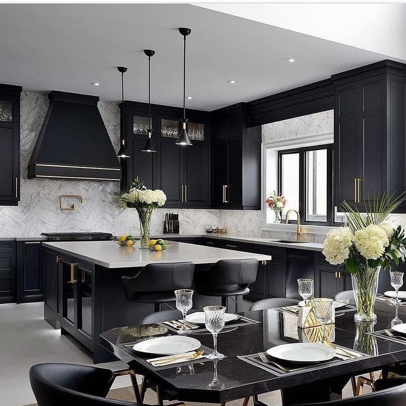 11. Classic Black and White Kitchen with Brass Accents - black kitchen cabinets ideas