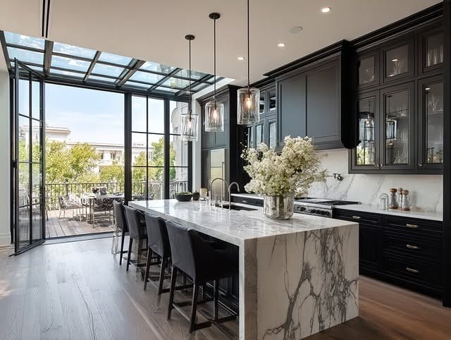12. Contemporary Black Kitchen with Waterfall Marble Island - black kitchen cabinets ideas