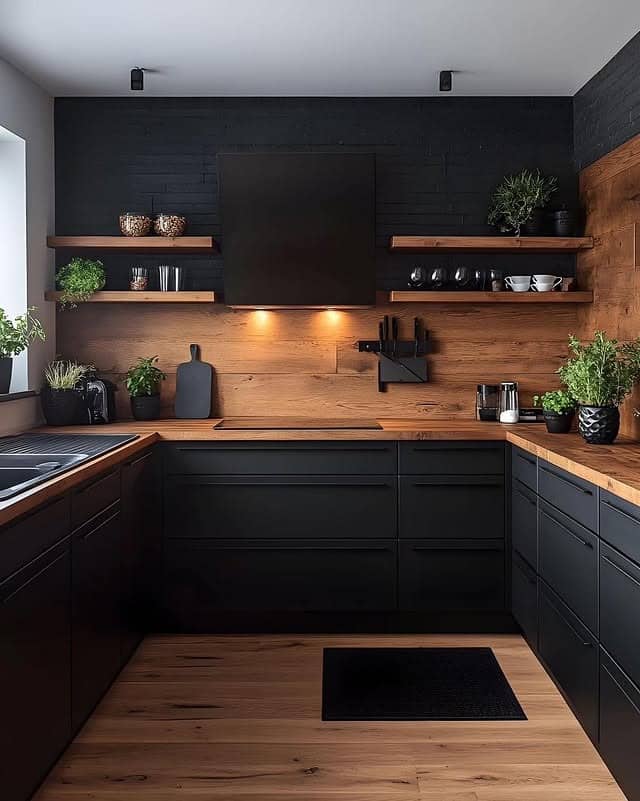 17. Industrial Black Kitchen with Wood Countertops - black kitchen cabinets ideas