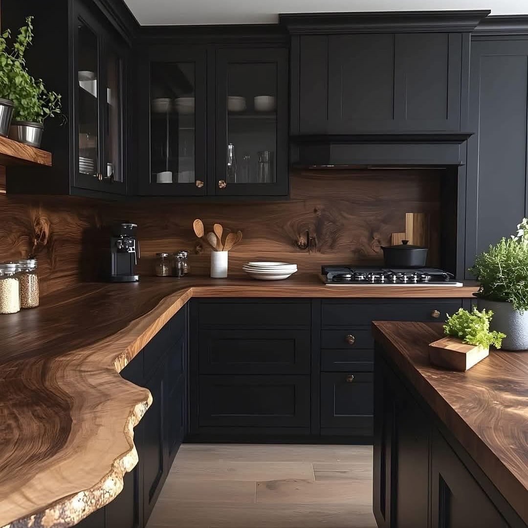 18. Moody Black Kitchen with Floating Wood Shelves - black kitchen cabinets ideas