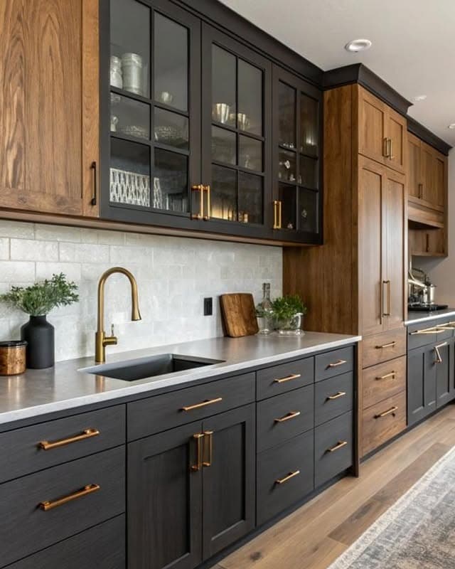 19. Two-Tone Black and Walnut Kitchen with Brass Hardware - black kitchen cabinets ideas