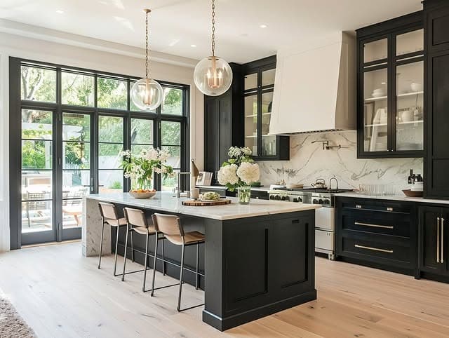 22. Elegant Black Cabinet Kitchen with Marble Island and Glass Pendants - black kitchen cabinets ideas