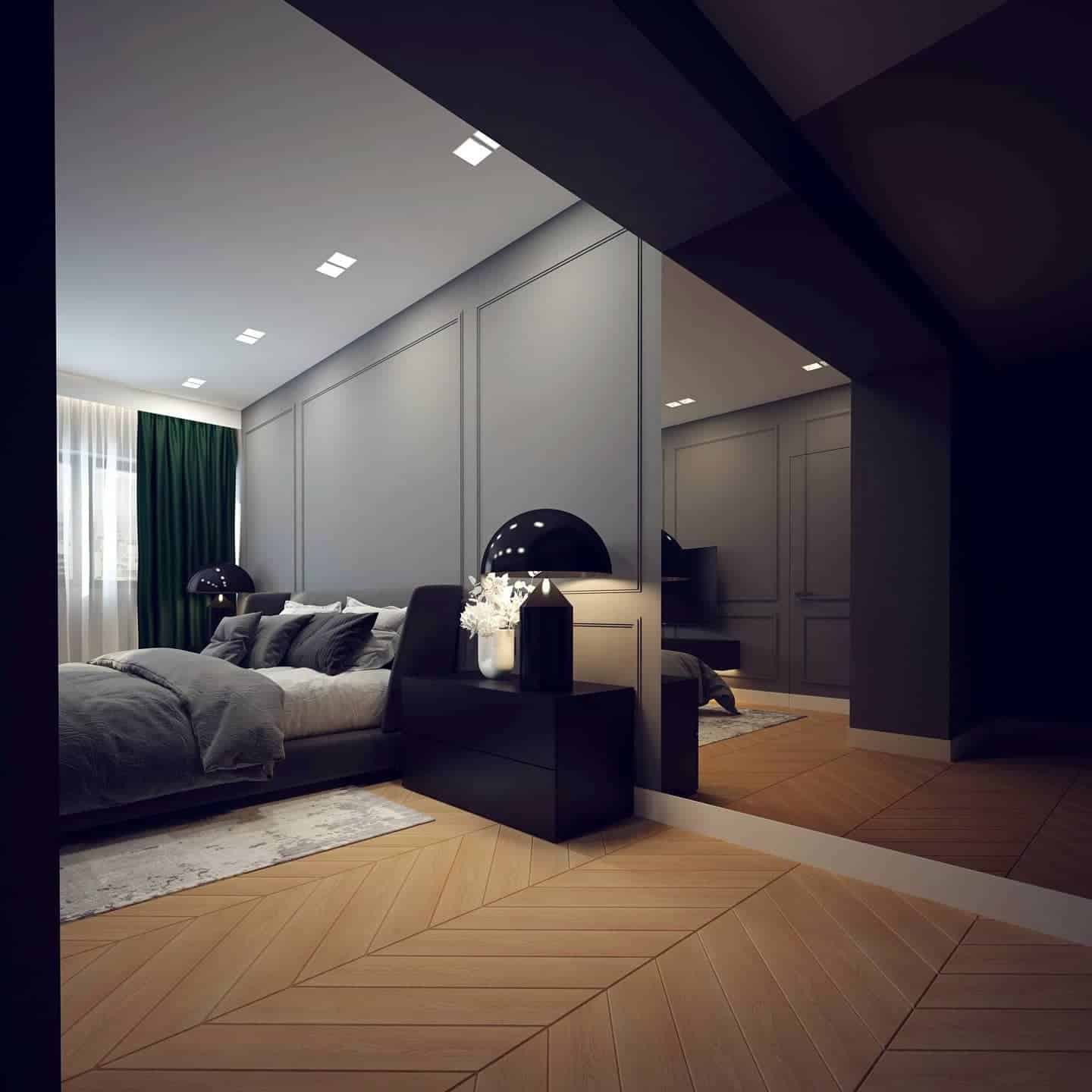 2. Modern Charcoal Panel Bedroom with Sculptural Lighting - black and gray bedroom ideas