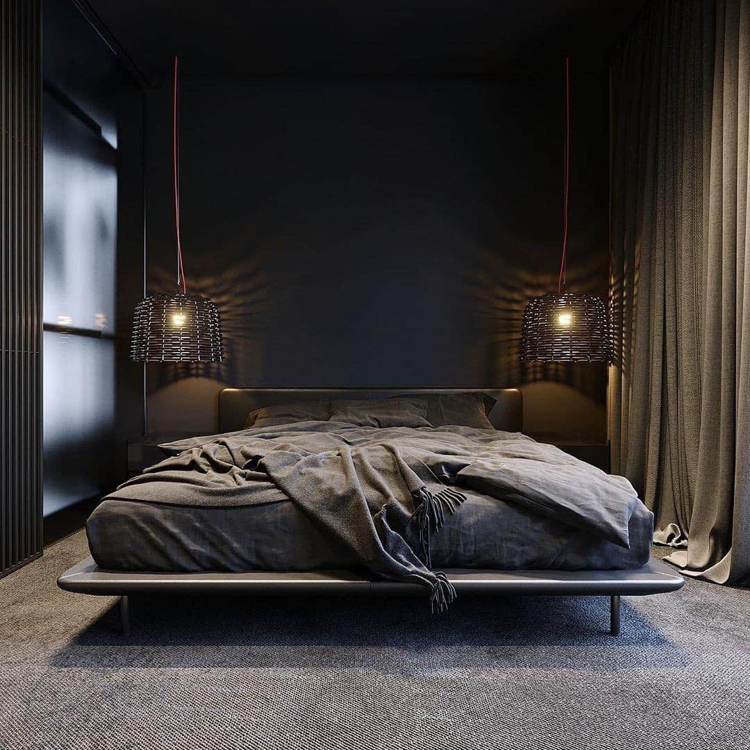 3. Moody Black Bedroom with Statement Pendant Lighting - black and gray bedroom ideas